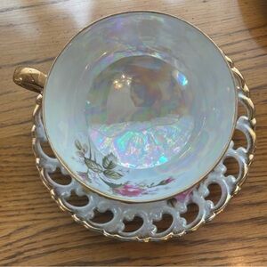 Royal Sealy China Burgundy Gold Lusterware Teacup and Reticulated Saucer